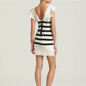 NWT BCBGMaxAzria Renata Black Striped & 💯 Silk Ivory Laced Dress size 6